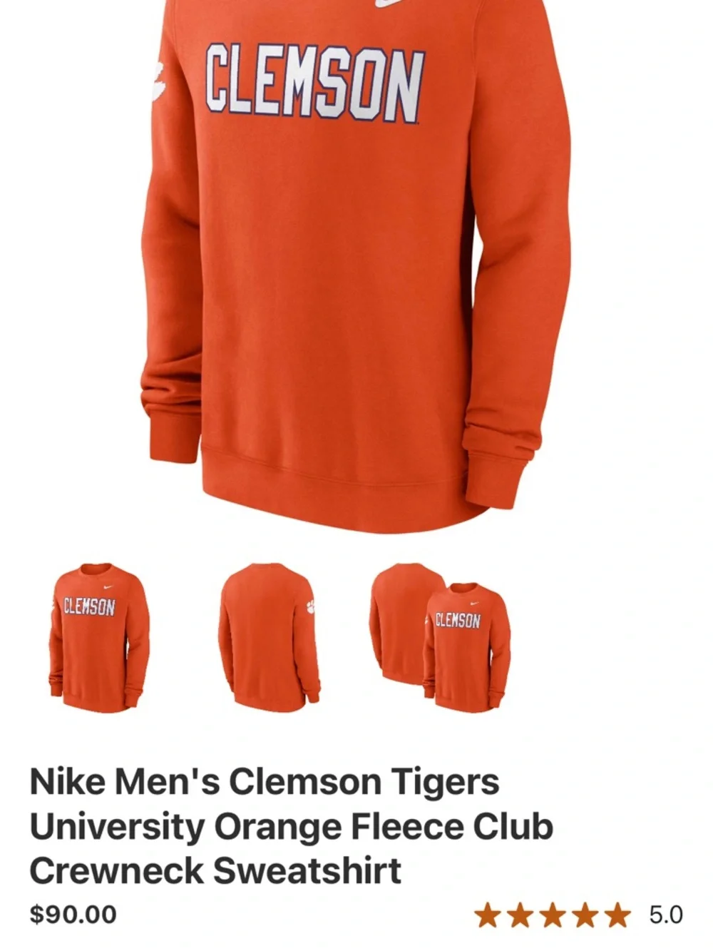 Nike Mens’s Clemson Fleece Club Crewneck Sweatshirt - Picture 3 of 3